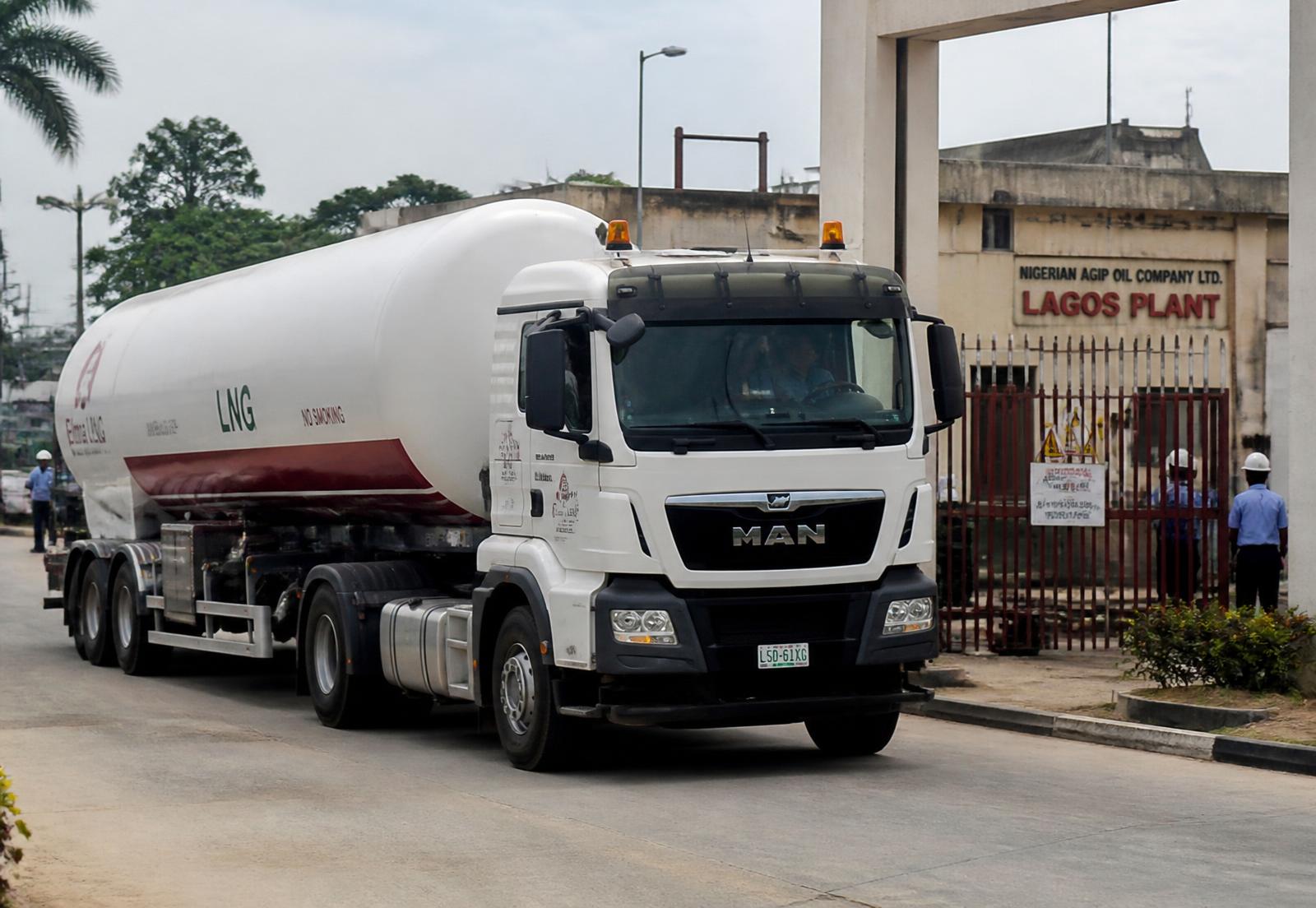 LNG road tanker arriving at an industrial facility